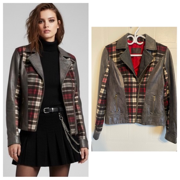 Betty Barclay Jackets & Blazers - Betty Barclay Size 4 Leather & Plaid Wool Moto Jacket Mixed Media European